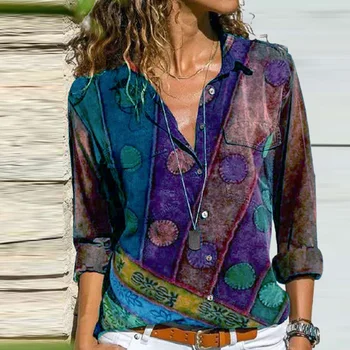 Vintage Romb Butonul de Imprimare Tricou Bluza de Toamna Elegant Guler de Turn-Down Birou Doamnă Tricouri Topuri Casual Femei Vrac Blusas 5XL