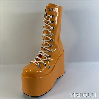 Femei pană toc glezna cizme, 12,5 cm strălucitoare căpută tocuri, groase model cu talpă cu toc etapa de deschidere fermoar glezna cizme
