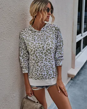 Fanco Tricou Femei 2020 Toamna de Moda Leopard Print cu Maneci Lungi Neregulate cu Gluga pentru Femei Pulover Hoodie