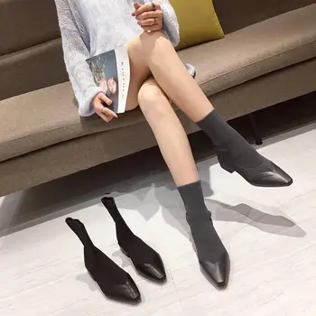 NIUFUNI Moda pentru femei Cizme pentru Femei de Tricotat Ciorap Botas Mujer Doamnelor Pachwork Toc Indesata Glezna Cizme a Subliniat Toe Pantofi de Toamnă Femeie