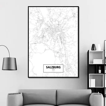 Salzburg Austria Negru Alb Personalizat Lume Hartă A Orașului Poster Canvas Print Stil Nordic Arta De Perete Decor Acasă