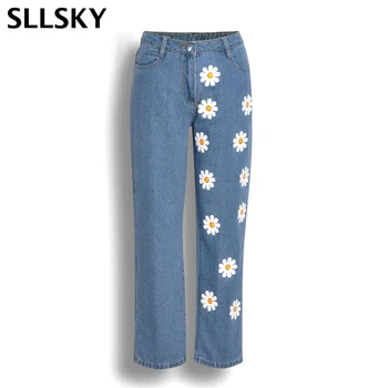 Sllsky Femeie Tipărite Blugi Talie Mare Pantaloni 2020 floarea Soarelui Direct Drăguț Pantaloni din Denim Vintage Imprimate Pantaloni de Moda Chic
