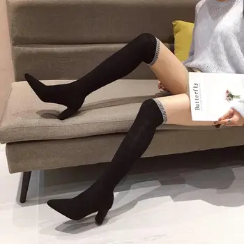 NIUFUNI 2019 Toamna Peste Genunchi Tricotat Șosete Cizme Femei Sexy Degetul Ascutit Coapsei Cizme Înalte Doamnelor Elastic Slim Cizme Pantofi