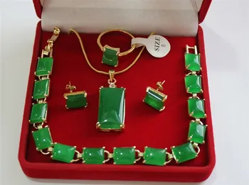 En-gros de frumos 18KGP verde Piatra Naturala,inel(#7.8.9), pandantiv & stud earring set de bijuterii
