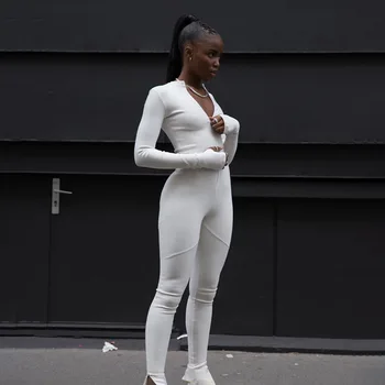 Trening Salopeta Femei Maneca Lunga De Toamna-Iarna Moda Slim Cu Fermoar Doamnelor Romper Alb Negru Skinny Costume Sport 2020