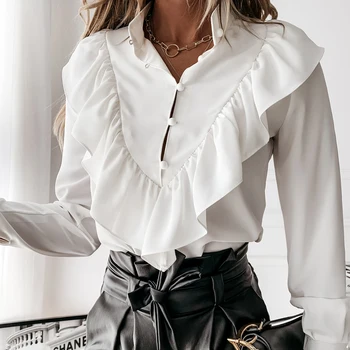 Femeile Noua Moda Elegant V Neck Ruffle Dot Print Bluza cu Maneci Lungi Pulover Office Camasa Office Bluza Slim Top Casual S-3XL