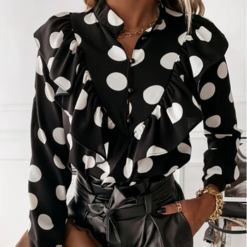 Femeile Noua Moda Elegant V Neck Ruffle Dot Print Bluza cu Maneci Lungi Pulover Office Camasa Office Bluza Slim Top Casual S-3XL