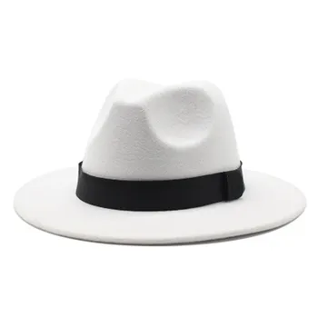 Femei pălării de iarnă centură de panglică band fedora felted pălării Vintage casual alb negru jazz capace margine largă solid simplu bărbați femei pălării