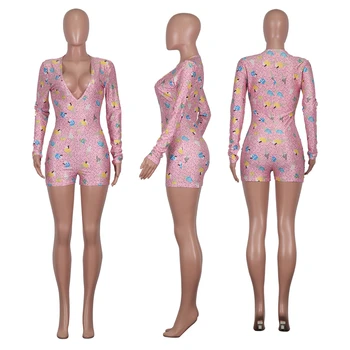 Tsuretobe Salopeta Pentru Femei De Vară 2020 Sexy Costume De Inghetata Print Rompers V-Gât Adânc Costum Ce-O Singură Bucată Salopeta De Club Haine