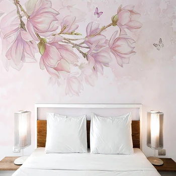 Fotografie Tapet Stil Nordic Mână-pictat Magnolie Roz Flori picturi Murale TV Camera de zi Canapea Dormitor Decor Acasă Papel De Parede 3D