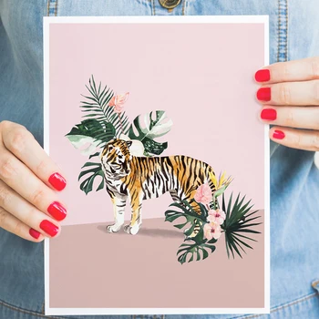 Jungle Tiger și leopard de Imprimare Roz Animal Leopard Postere si Printuri Tropicale Botanic Arta de Perete Imagini pentru Living Decorul Camerei