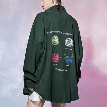 Toamna anului 2020 Femei Pătrat Guler Camasi Unice Scrisoare Grafice Imprimate Bluza Hip Hop Negru Verde Femeie Tricou cu Maneci Lungi