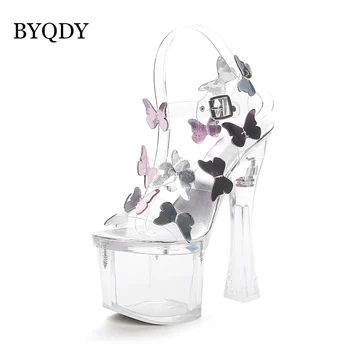 BYQDY Vara PVC Transparent Platforma Femeie Sandale Super Tocuri Peep Toe Catarama Curelei Petrecere de Nunta Pantofi cu Fluture