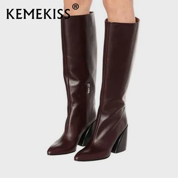 KemeKiss Iarna Femei Cizme Genunchi Ridicat Subliniat De La Picior Toc Gros Cu Fermoar Moda Cizme De Cowboy Cool Pantofi Pentru Femeie Încălțăminte De Mărime 33-43