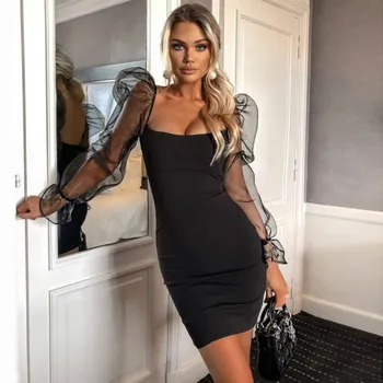 2020 Negru Articat Femei Sexy Rochie Scurtă Albă, Simplă Rochie Eleganta Scurta Cu Felinar Maneca Mozaic Pentru o Petrecere de Vara