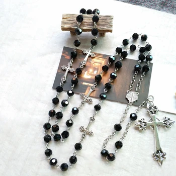 QIGO Cristal Negru Rozariul Colier Lung din argint cu Pandantiv Cruce Pentru Barbati Femei Religioase Bijuterii