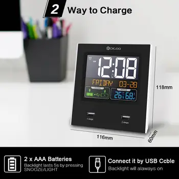 Digoo DG-C3X Stație Meteo Dual Alarme, Snooze Ceas cu Calendar +2 Port USB LED Backlight de Temperatură și Umiditate 12 ore/24 de ore
