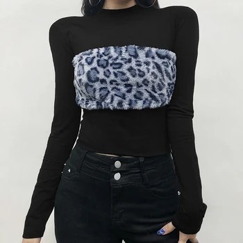 Kawaii Blana De Leopard Patch-Uri Mock Neck Y2k Crop Top Cu Maneca Lunga Albastru Alb T-Shirt Femei Harajuku Tricou Pentru Femei De Îmbrăcăminte