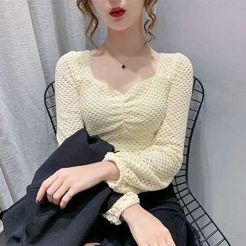 Primavara Toamna Stil coreean Talie Înaltă Scurte T-Shirt Femei Sexy Gât Pătrat Pleuche Topuri Ropa Mujer Puff Maneca Teu în 2020 T0N224A
