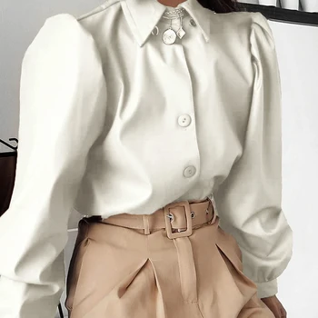 Darlingaga Puff Sleeve Faux din Piele PU Bluza Tricou Solid Butoane Crop Top Moda Femei Bluza Retro Elegant de Birou Doamnelor Topuri
