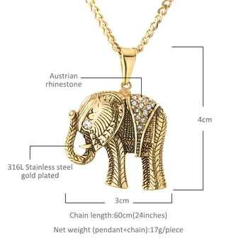 Retro Thailanda Elefant Coliere Din Oțel Inoxidabil De Culoare De Aur Stras Animal Pandantive & Lanțuri Bărbați/Femei Norocos Bijuterii