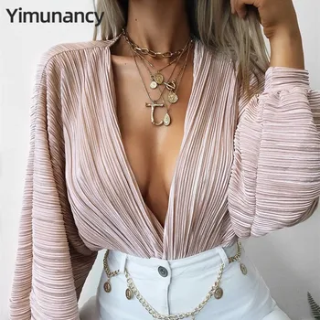 Yimunancy 2019 Toamna Cu Maneca Lunga Body Femei Adânc V Gâtului Sexy Body Casual Ladies Body-Salopete