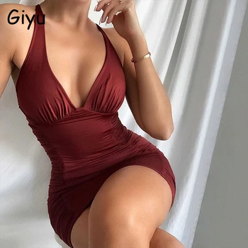 Giyu Sexy Bodycon Petrecere De Club Femei Rochie 2020 Toamna Ruched Rochii Mini Adânc V Gâtului Fără Mâneci Fara Spate Elegant Feminin Vestidos