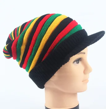 Iarna Barbati Femei Cu Dungi Rasta Roșu Galben Verde Bob Marley Reggae Moda Lână Nouă Curcubeu Beanie Jamaican Capota Chelioși Capace
