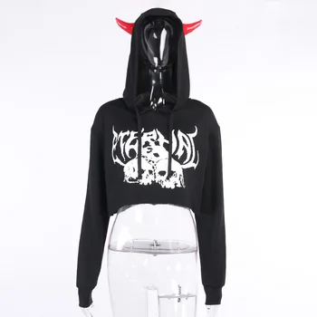 Gothblack Punk Pierde Craniu De Imprimare Demon Cu Gluga Crop Top Pentru Femei In Stil Gotic Întuneric Timp Maneca Cordon Hanorace De Toamna Casual Streetwear