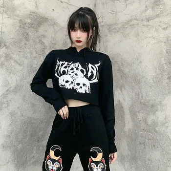 Gothblack Punk Pierde Craniu De Imprimare Demon Cu Gluga Crop Top Pentru Femei In Stil Gotic Întuneric Timp Maneca Cordon Hanorace De Toamna Casual Streetwear