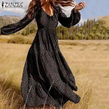 Toamna femei Sarafan Casual Manșon de Puf Tunica Vestidos Print Floral Halat ZANZEA 2021 Moda Ruffle Maxi Rochie Plus Dimensiune 5XL