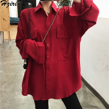 Hzirip Coreean 2019 Toamna Primavara Pentru Femei Bluze De Moda Casual Cu Maneci Lungi Largi Buzunare Femei Topuri Tricouri Blusas Camisas Mujer