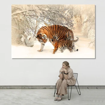 Animale Postere si Printuri de Arta de Perete Panza Pictura Flori de Doi Tigri în Zăpadă Imagini pentru Living Decor Acasă Nici un Cadru