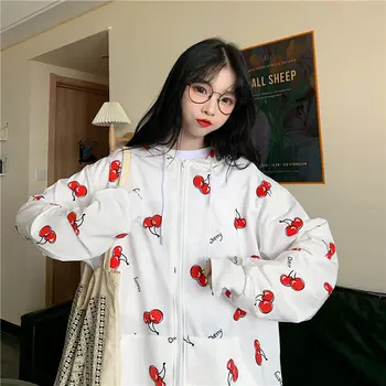 HOUZHOU Stil coreean Hoodies Femei de Moda Toamna Cherry Imprimare Tricou Femei Maneca Lunga Bumbac Streetwear Zip Up Hoodie