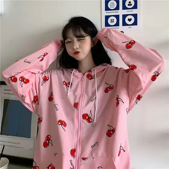 HOUZHOU Stil coreean Hoodies Femei de Moda Toamna Cherry Imprimare Tricou Femei Maneca Lunga Bumbac Streetwear Zip Up Hoodie