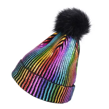 Noul Curcubeu Pompom Chelioși Căciuli, Pălării Tricotate Cald Capac De Iarna Pentru Femei, Barbati Hip Hop Metalic Strălucitor Bonnet Capac De Dropshipping