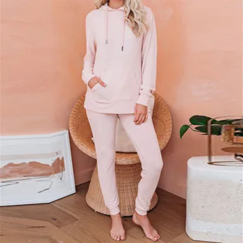 2020 Femei Pijama Set de Haine de Acasă Acasă Costum de Pantaloni de Pijamale cu Maneca Lunga Casual cu Glugă Homewear de sex Feminin cămașă de noapte Simplă