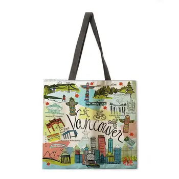 Culori pictura de călătorie hartă clădiri de renume mondial tesatura lenjerie casual tote sac pliabil sac de cumpărături refolosibile geanta de plajă