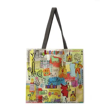 Culori pictura de călătorie hartă clădiri de renume mondial tesatura lenjerie casual tote sac pliabil sac de cumpărături refolosibile geanta de plajă