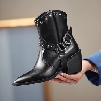 2020 Nou din Piele Cowboy Boot Fata de Vest Retro Curea Toc Glezna Cizme cu varf Ascutit si Stil Britanic Negru Cizme de Iarna Femei