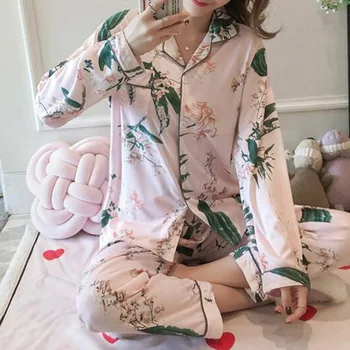 Petrecere în Pijamale 2020 Toamna Noua Femei Matase cu Maneci Lungi Set de Pijama Largi de Imprimare Pijama Femei Sleepwear Set Elastice Pantaloni Lungi