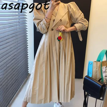 Asapgot Chic Elegant Temperament Rever Dublu Rânduri Talie Subțire haină Kaki Rochie Plisată cu Centura Femei Casual Retro