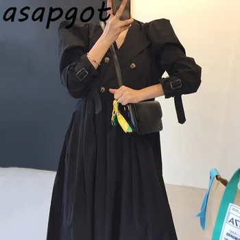 Asapgot Chic Elegant Temperament Rever Dublu Rânduri Talie Subțire haină Kaki Rochie Plisată cu Centura Femei Casual Retro