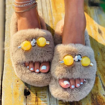 Iarna Papuci Femei Papuci Cu Blană Blană Cald Diapozitive Pantofi Pufos Sandale Plate De Sex Feminin Slide-Uri De Pluș Acasă Pantofi Pantuflas De Mujer