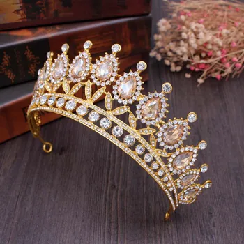 Baroc Mare Stras Coroana De Aur Șampanie Cristal De Mireasa Diademe Crown Vintage Nunta Accesorii De Par Diademă Concurs De Coroane