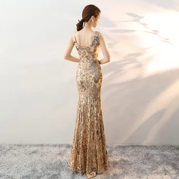 Nunta Qipao Sexy Robă Lungă Retro Petrecere de Moda rochie de Seara Cheongsam Oriental Rochie Stil Chinezesc Femei rochie de aur 2020