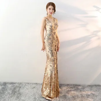 Nunta Qipao Sexy Robă Lungă Retro Petrecere de Moda rochie de Seara Cheongsam Oriental Rochie Stil Chinezesc Femei rochie de aur 2020