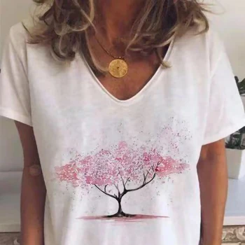 Vintage Alb V-neck T-shirt Femei Plus Dimensiune care Doresc Copac Imprimate Vrac Femei T-shirt de Vară 2020 Nou Maneci Scurte Topuri Casual