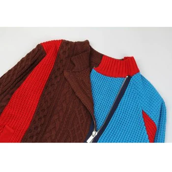 Designer De Brand Femei De Iarna Coreean Epocă De Potrivire De Culoare Neregulate Ling Sleeve Knit Cardigan Buzunare Mozaic Pulover 2019