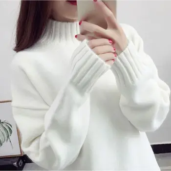 Agrement de înaltă gât Pulover pentru femei de toamna / iarna 2020 maneca lunga cald tricotate pulover vrac alb pulover femei